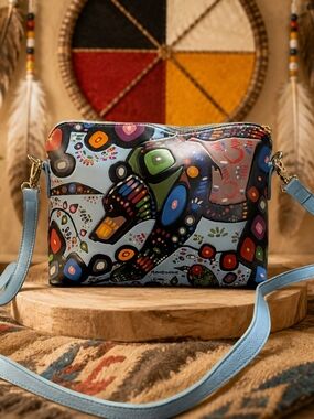 ROMGOUGH Colorful Art Print Crossbody Bag | Blue Strap | Abstract Bear Purse